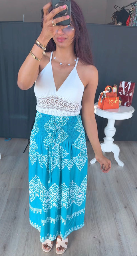 Rekbare rok met print blauw wit van viscose