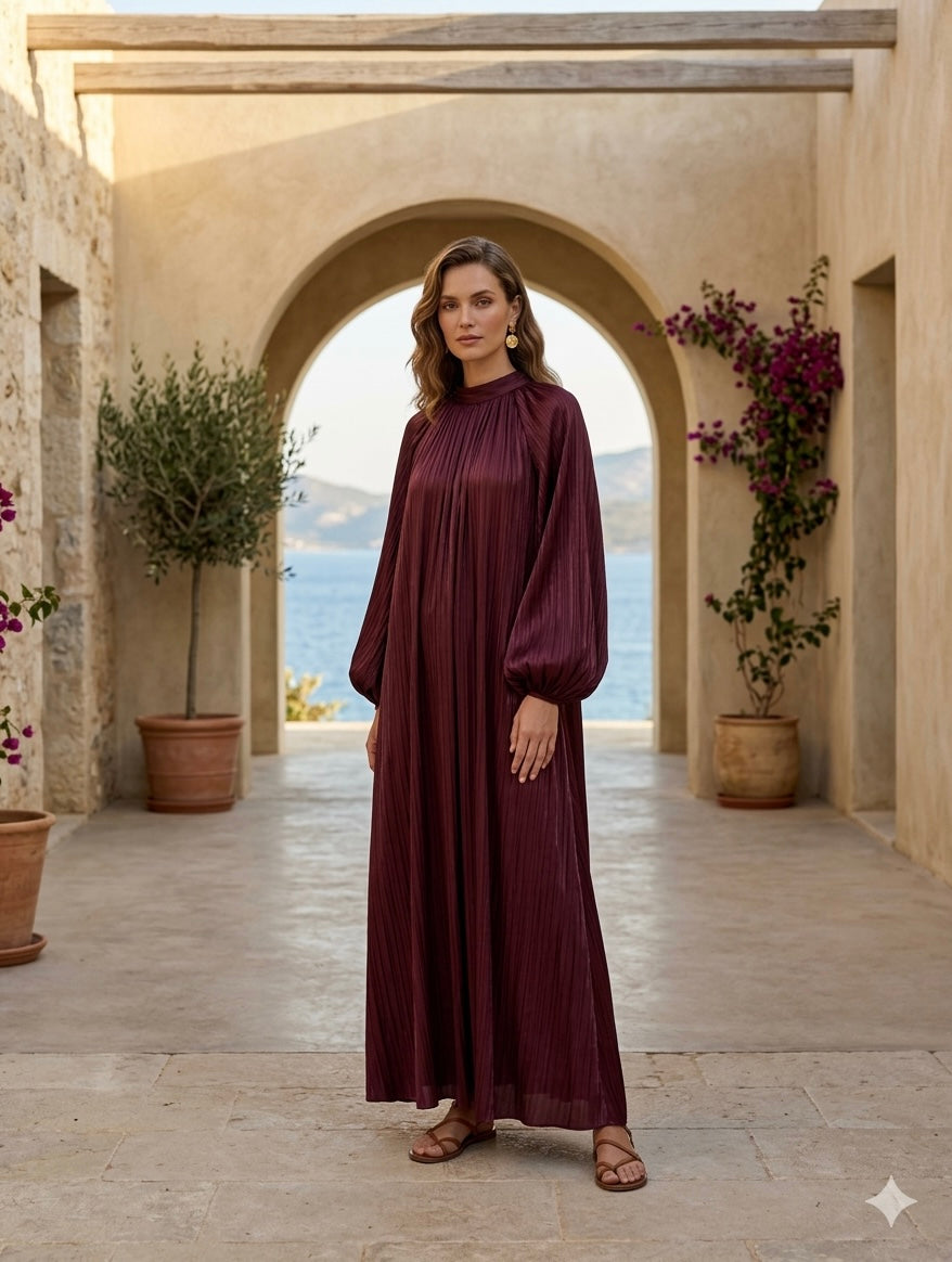 Limited color - Satijnen Hooggesloten Maxi-Jurk - burgundy 92566