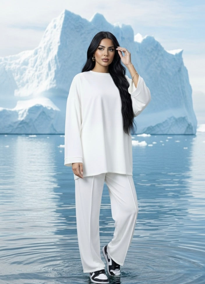Modest comfy oversized sweater with wide pants - blanco 6033