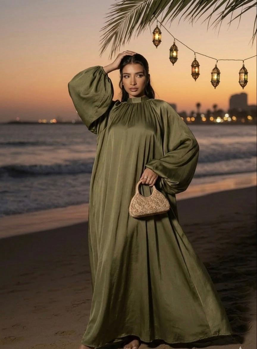 Satijnen Hooggesloten Maxi-Jurk - groen 92566