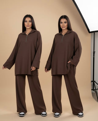 Comfy modest sweater with oversized pants - dark brown 6010
