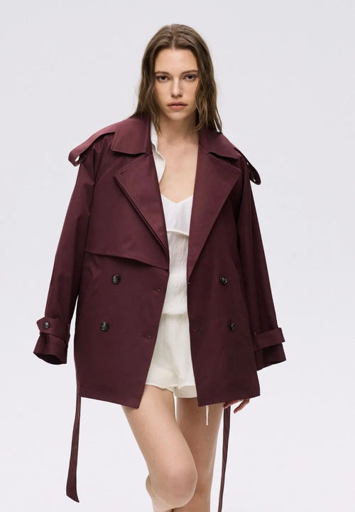 Double-Breasted Short Coat - burgundy W25258