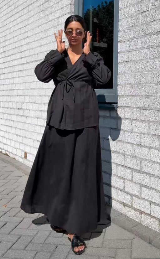 Kimono met rekbare rok van linnen - zwart