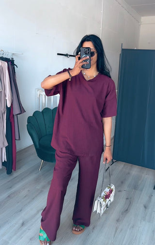 Crepe set korte mouwen burgundy tall
