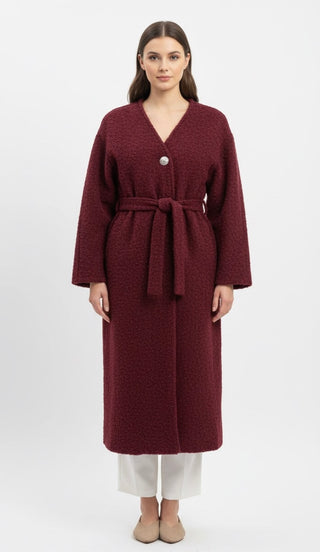 Teddy manteljas met band en gouden knoop - burgundy