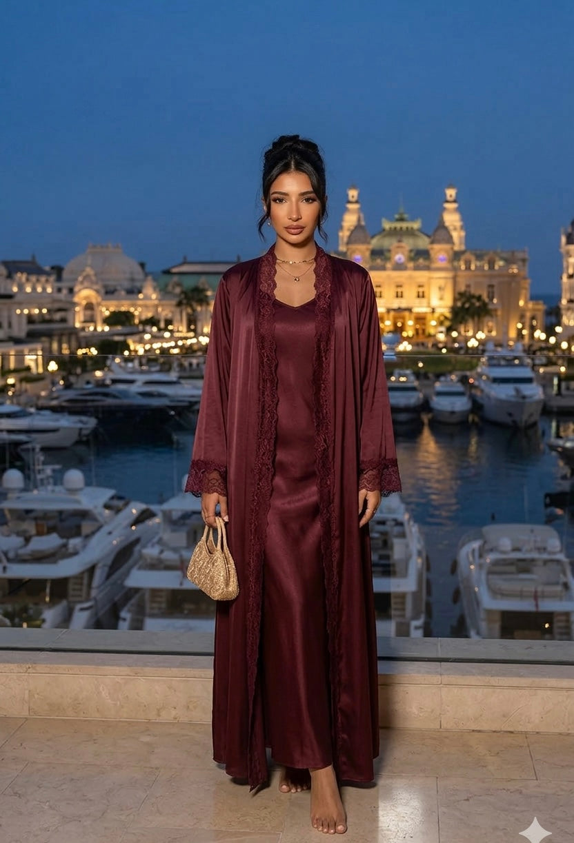 Lace kimono set met kanten details - onderjurk met kimono burgundy