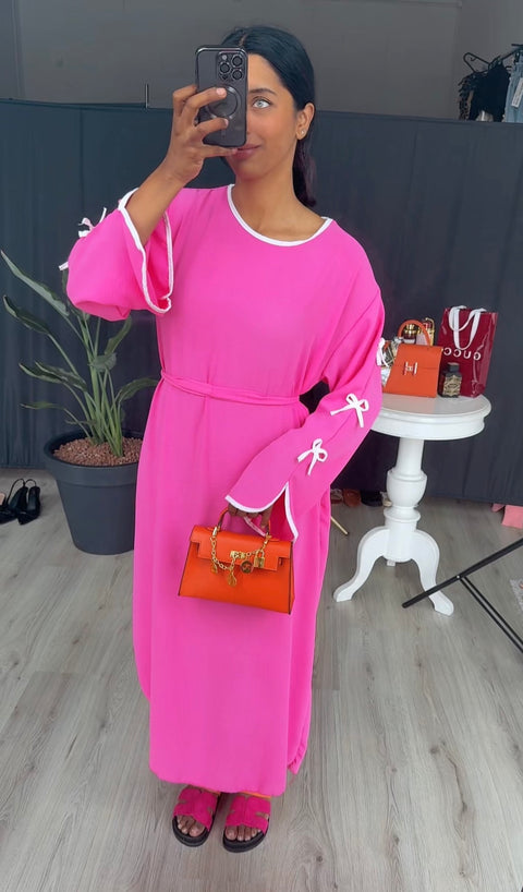 Katoenen jurk met strikjes en band barbie roze - ITALY100