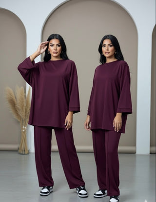 MODEST COMFY OVERSIZED SWEATER WITH WIDE PANTS - burgundy 6033