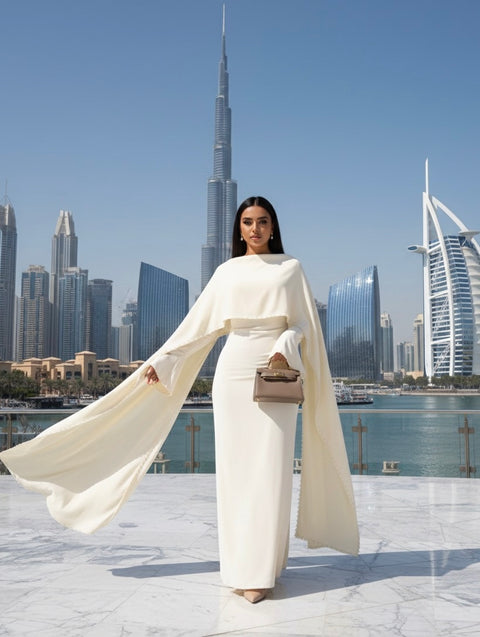 Fitted maxi abaya jurk van met parels cream - 8010