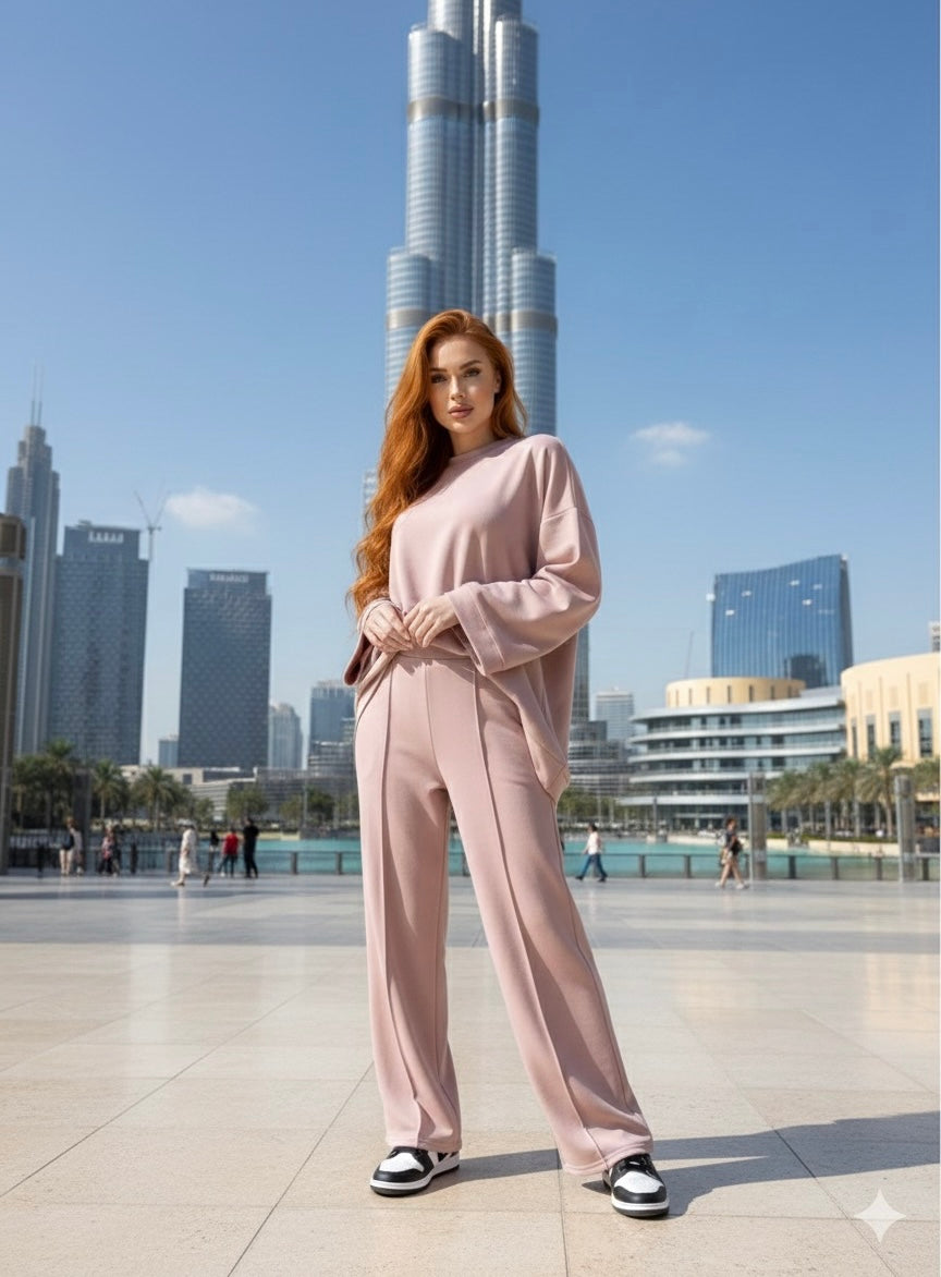 Modest comfy oversized sweater with wide pants - pink 6033