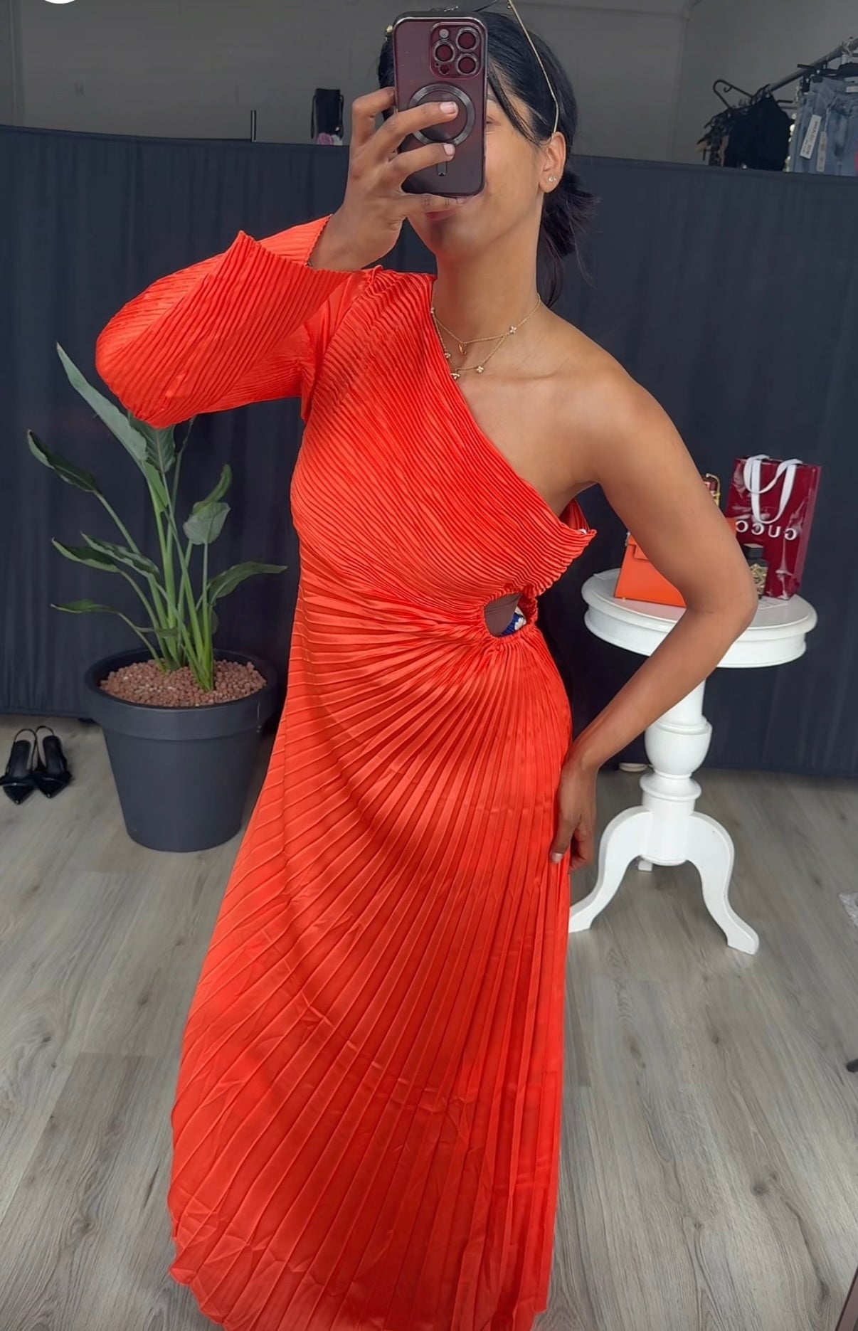 Plisse jurk met lange mouw oranje