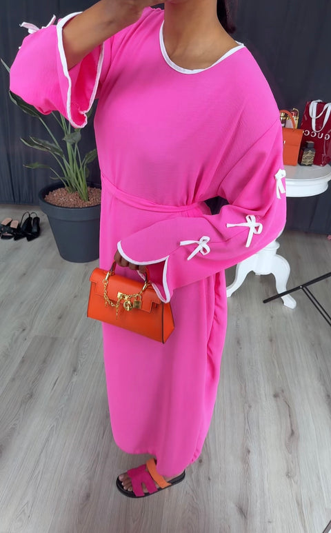 Katoenen jurk met strikjes en band barbie roze - ITALY100