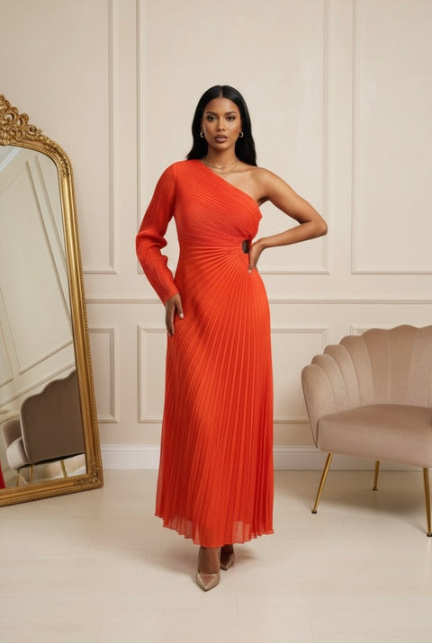 Plisse jurk met lange mouw oranje