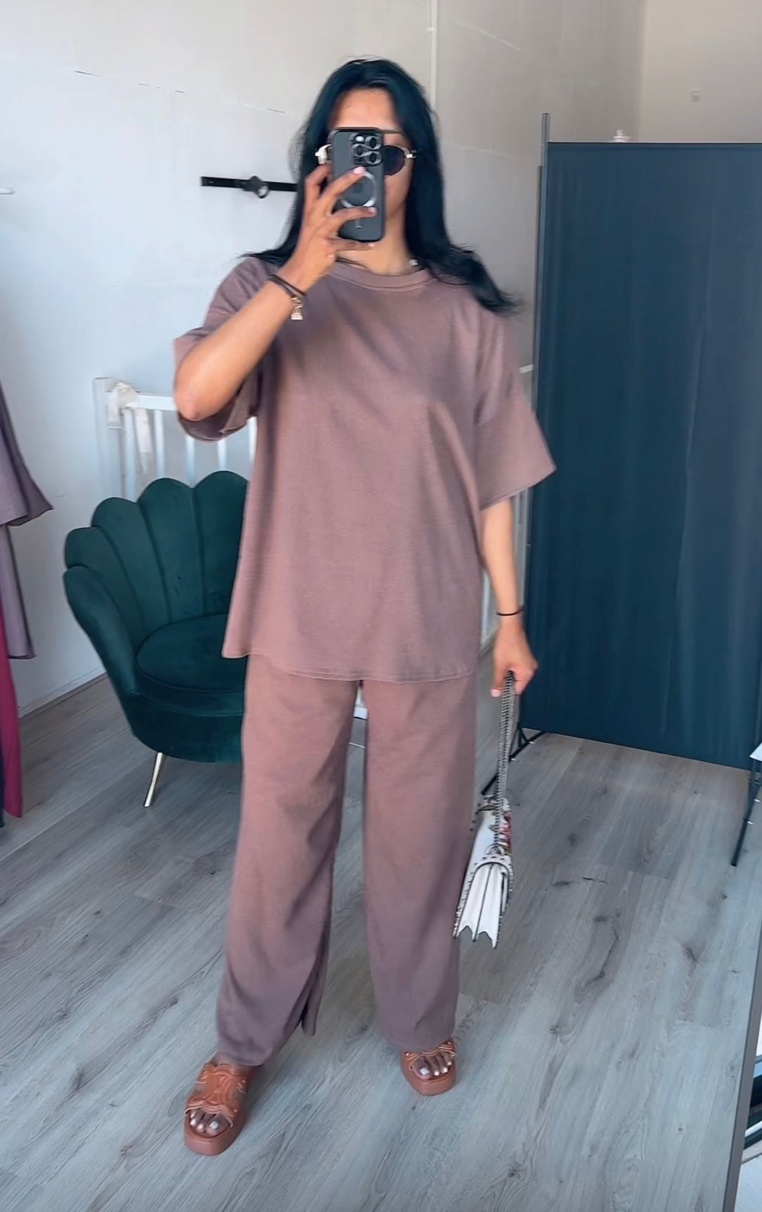 Crepe set korte mouwen taupe