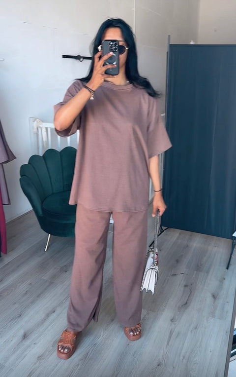 Crepe set korte mouwen taupe tall