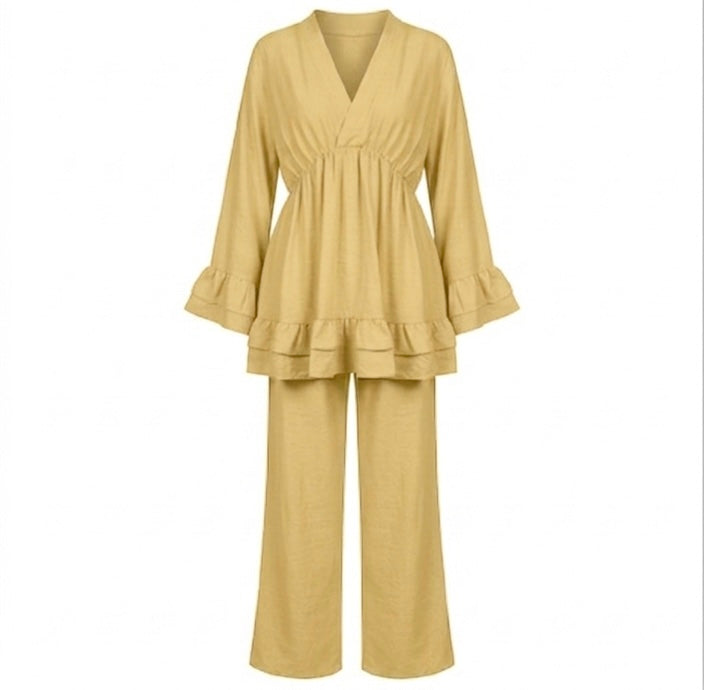 Dames Loungewear Set: Tuniek met Franjes en Matchende Pantalon - butter yellow (limited)