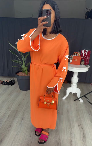 Katoenen jurk met strikjes en band oranje - ITALY100