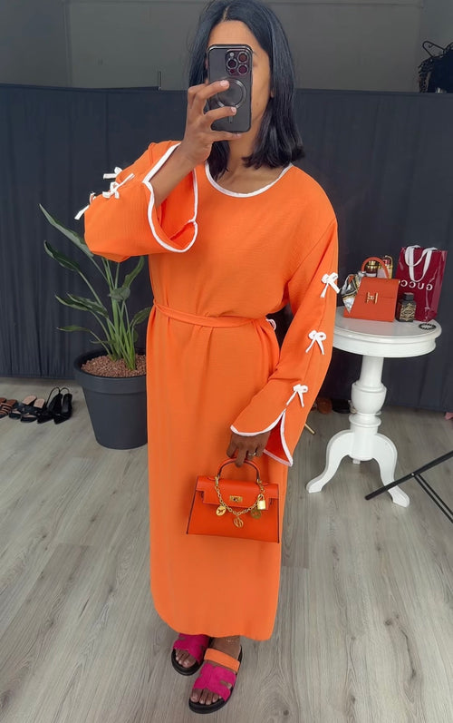 Katoenen jurk met strikjes en band oranje - ITALY100