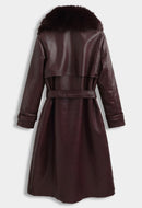 Leren manteljas burgundy met faux fur bont - CV2217