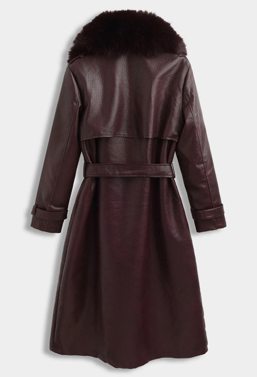 Leren manteljas burgundy met faux fur bont - CV2217