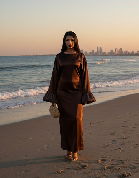 The bloom dress met ruffles mouwen - choco bruin 673200