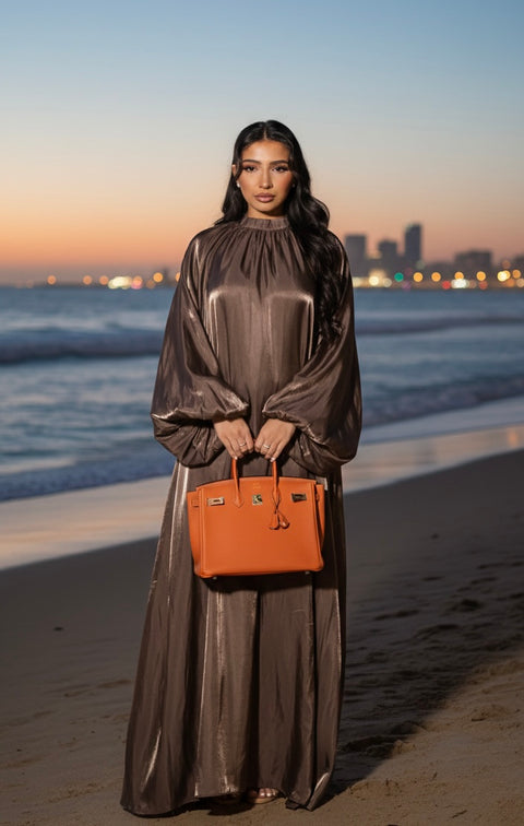 Satijnen jurk Hooggesloten Maxi-Jurk - bruin 92566 (launch 9 march)