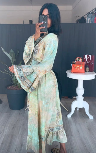 Groene print jurk van viscose met ruffles mouwen