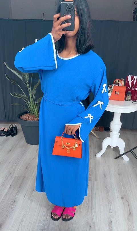 Katoenen jurk met strikjes en band kobalt blauw - ITALY100