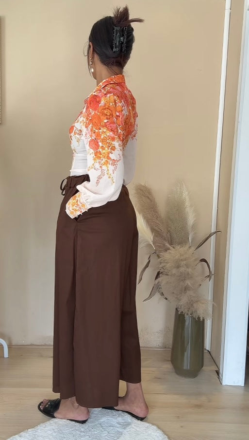 Katoenen verstelbare broek met brede pijpen - bruin