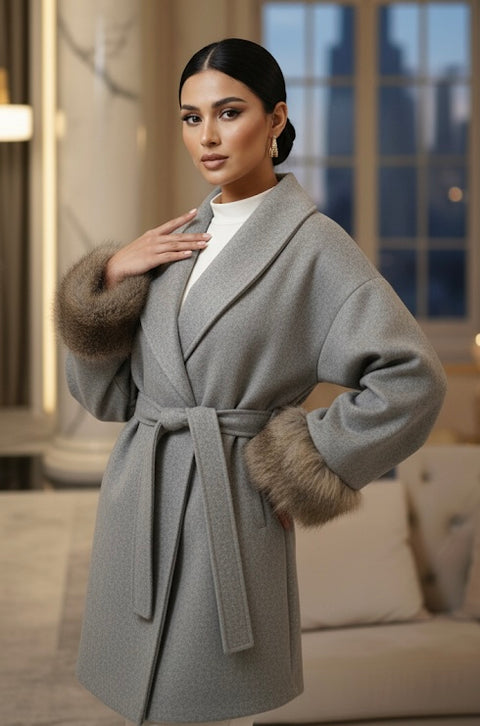 Manteljas met bont aan mouwen - grijs