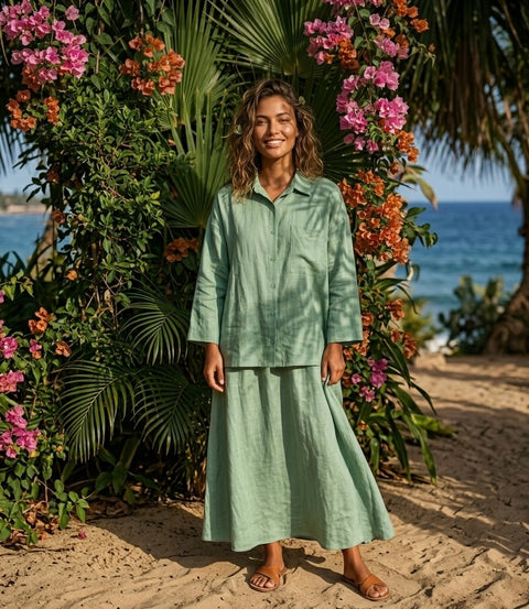 Oversized blouse met lange rok - mint groen van viscose