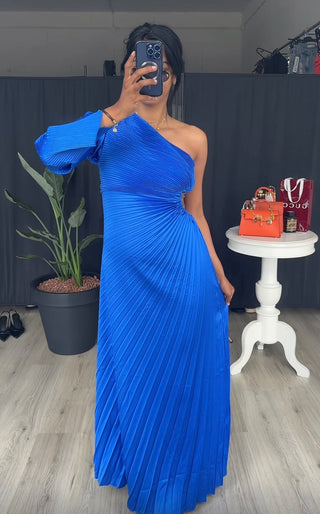 Plisse jurk met lange mouw blauw