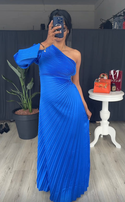 Plisse jurk met lange mouw blauw