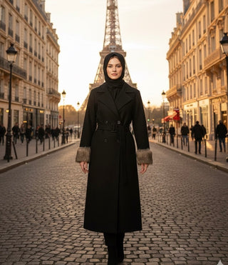 Manteljas met faux fur bont mouwen en band - zwart 6077