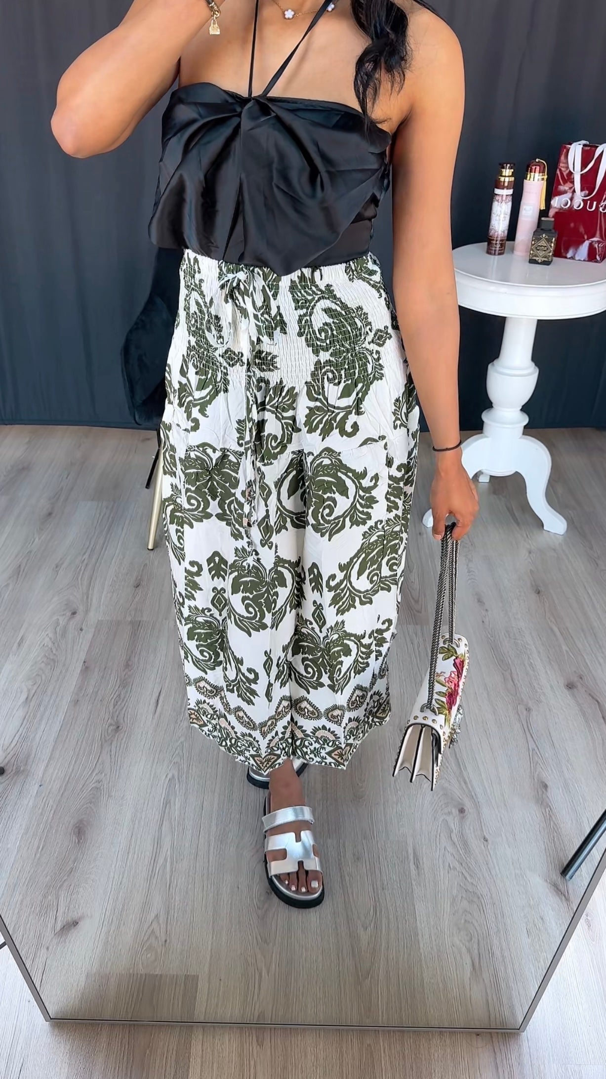 Rekbare rok met groene print