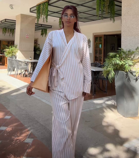 Katoenen kimono met rekbare broek wit bruin