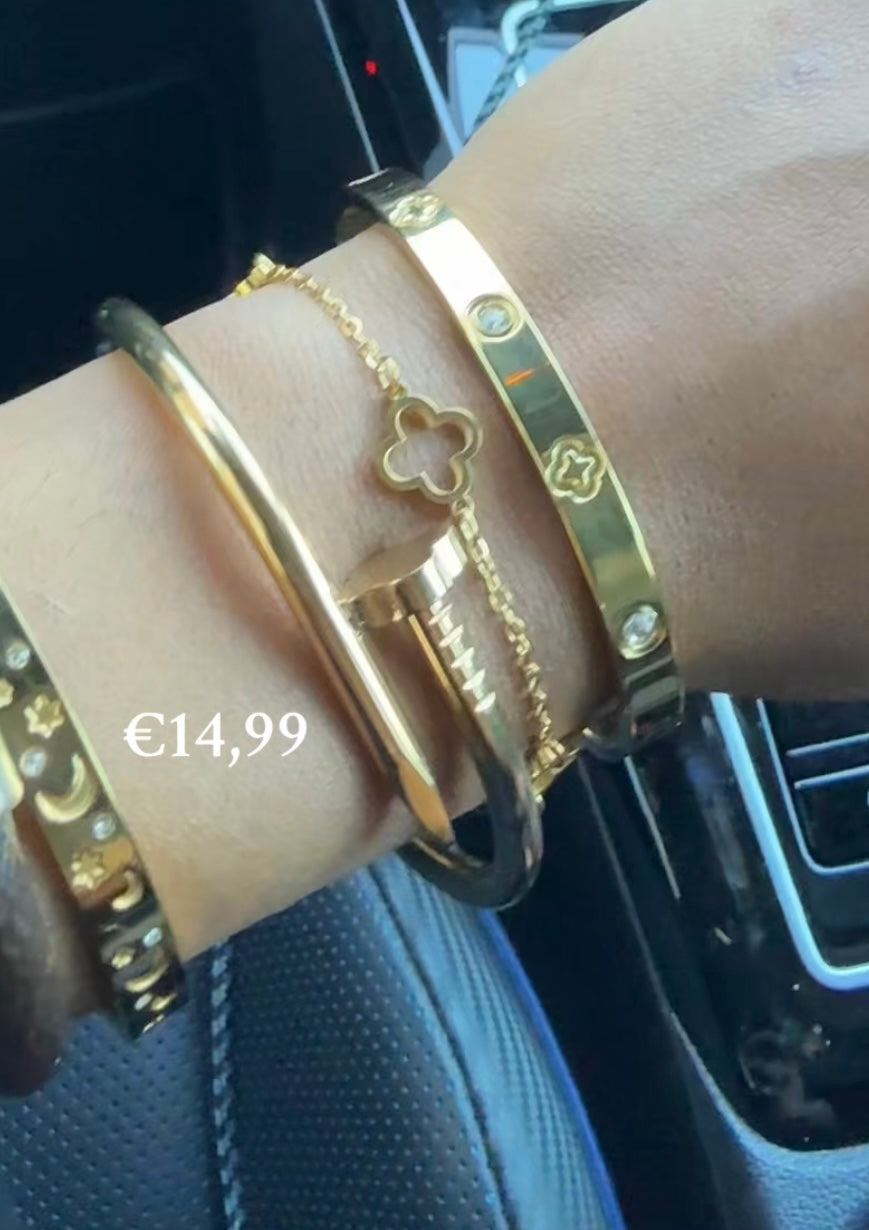 3 armbanden clovers en goud stainless steel