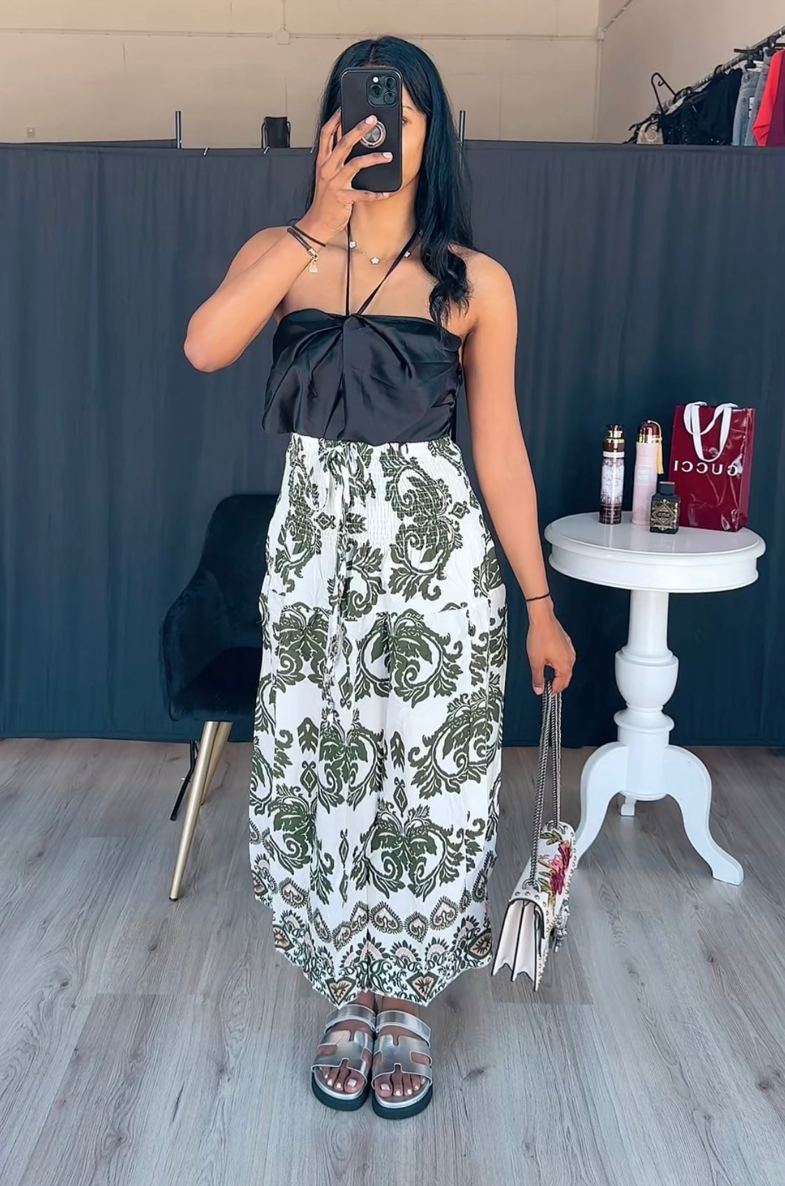 Rekbare rok met groene print