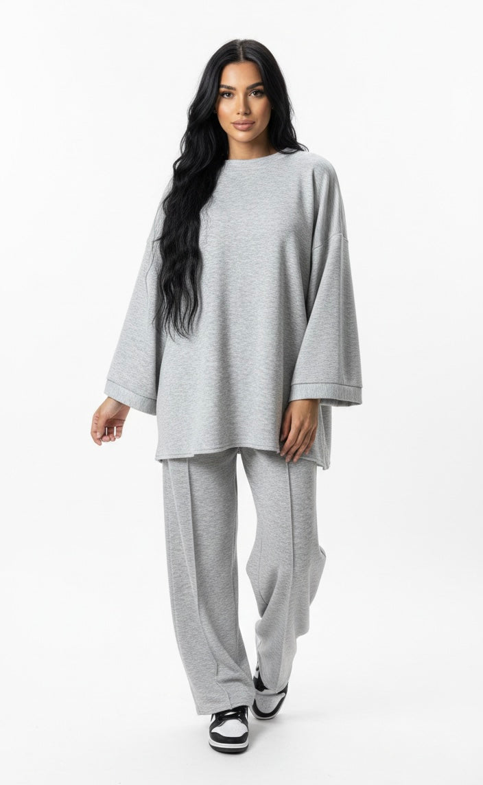 Comfy co-ord set met lange top en oversized broek - grijs 6033