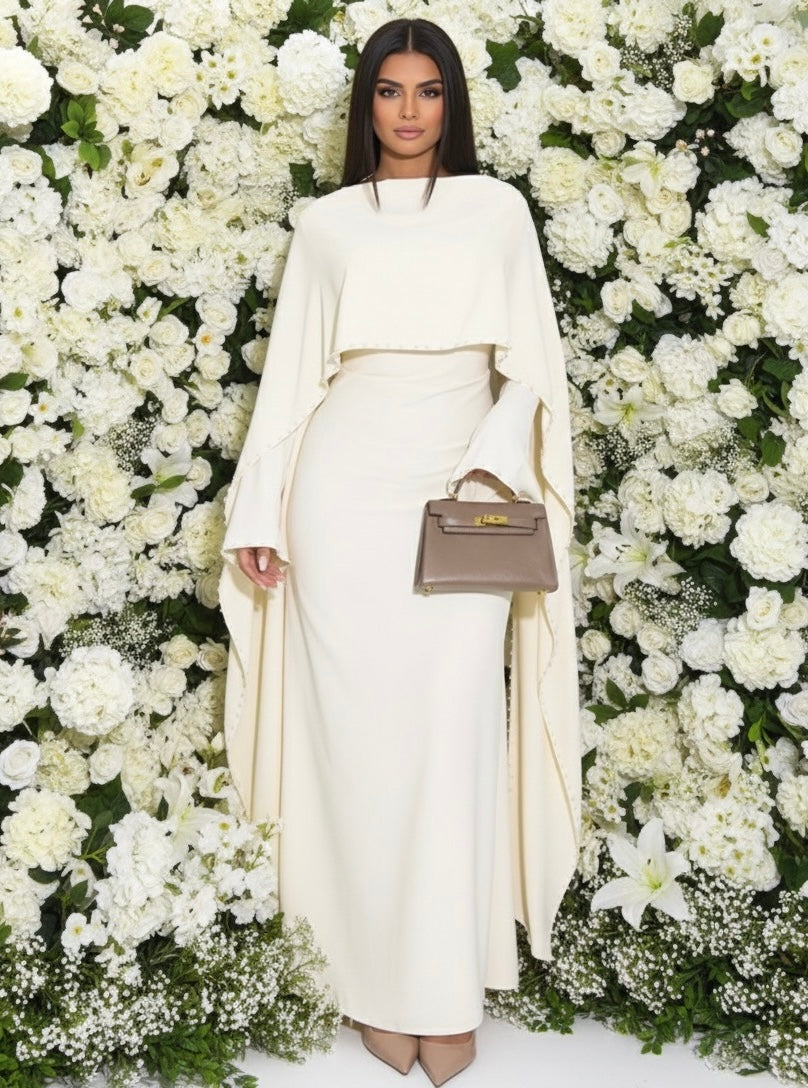 Fitted maxi abaya jurk van met parels cream - 8010