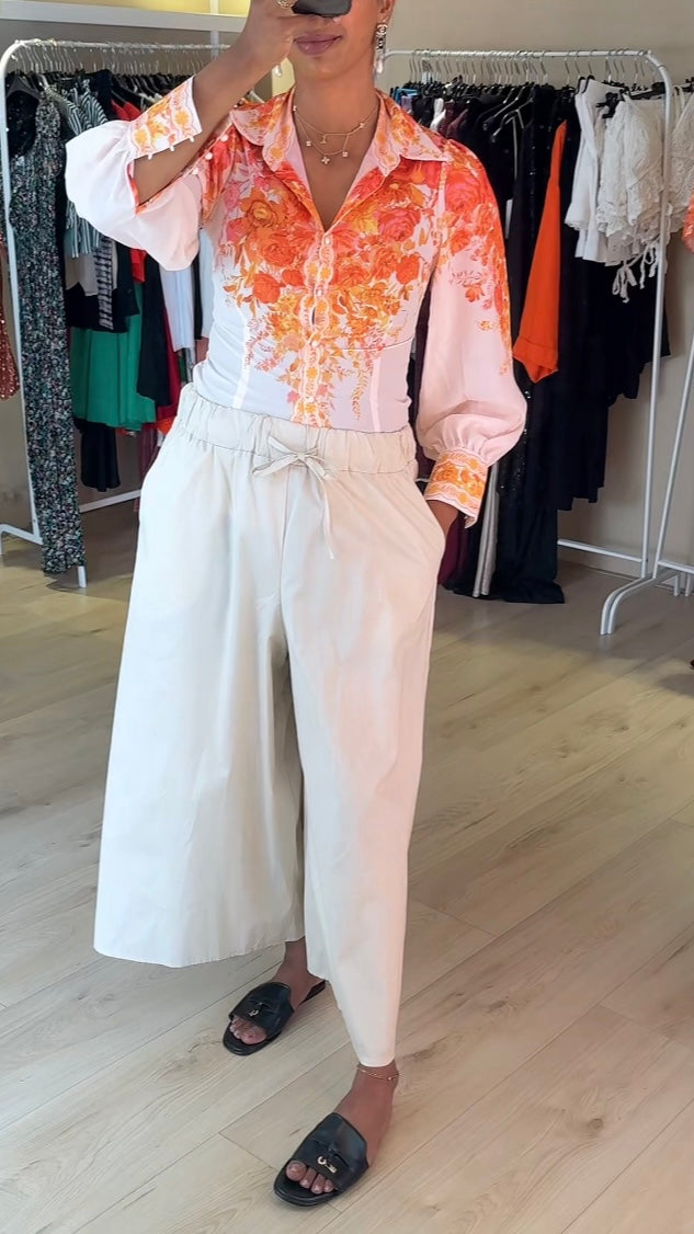 Katoenen verstelbare broek met brede pijpen - beige