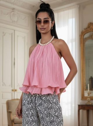 Parels top ruches roze