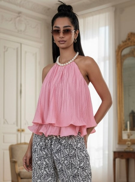 Parels top ruches roze