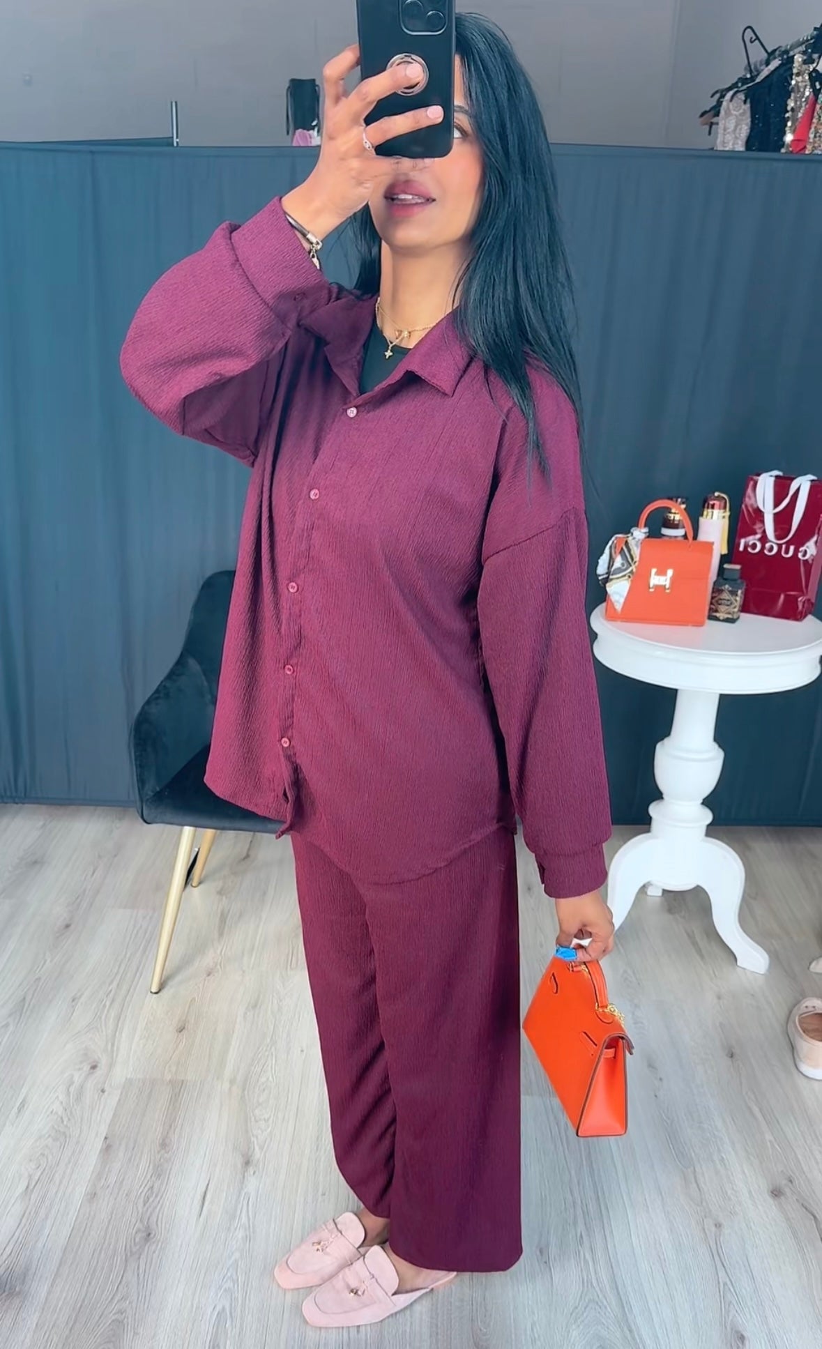 Burgundy crepe set met lange mouwen