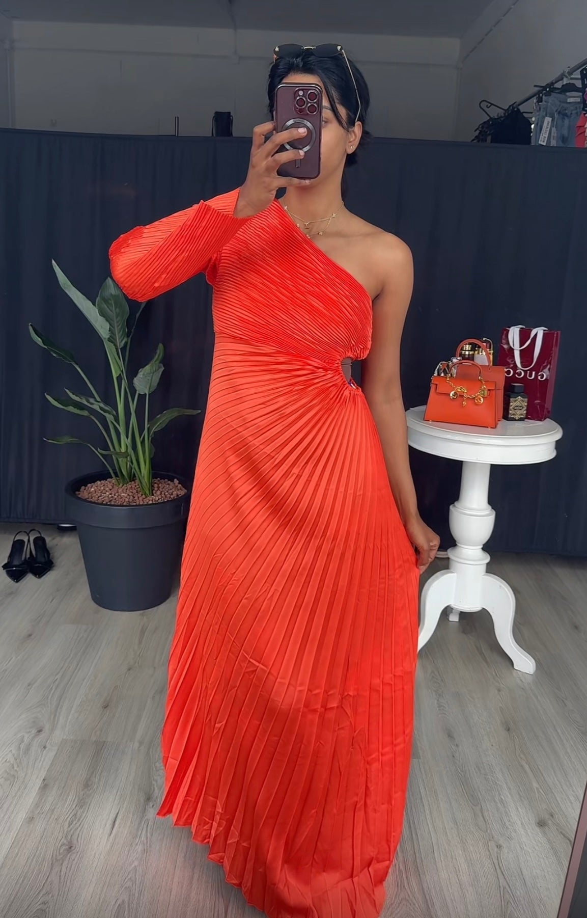Plisse jurk met lange mouw oranje