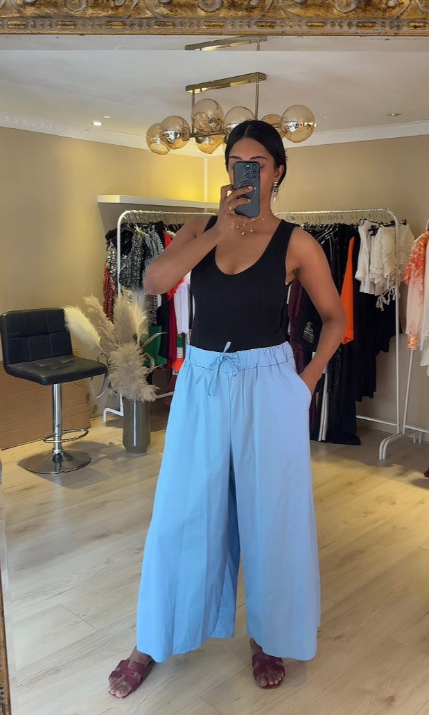 Katoenen verstelbare broek met brede pijpen - blauw