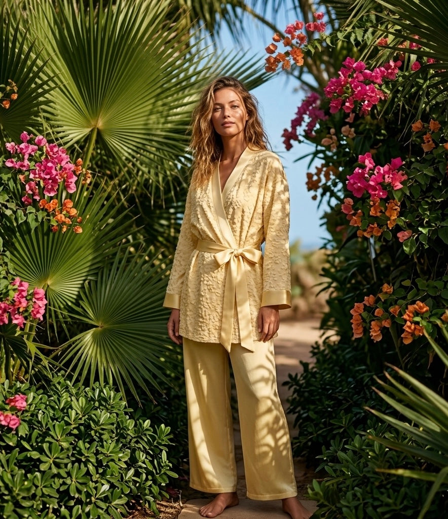 Bloemen kimono met satijnen broek - yellow