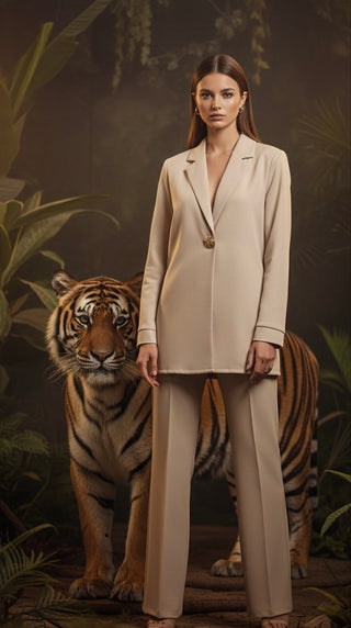 Comfy blazer set met gouden knoop beige - 6041