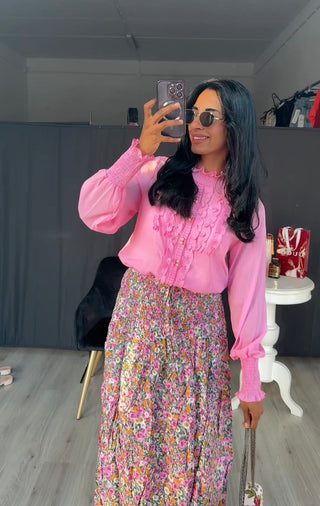 Roze blouse met ruches en parels