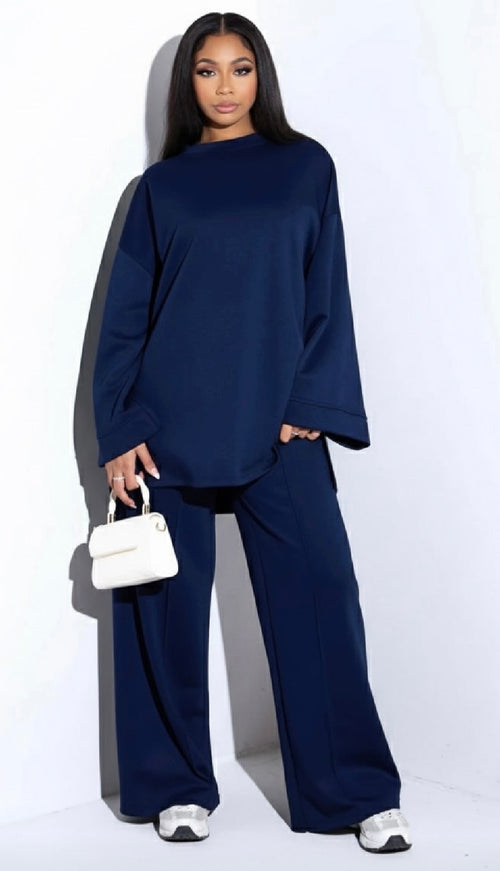 Comfy co-ord set met lange top en oversized broek - navy 6033